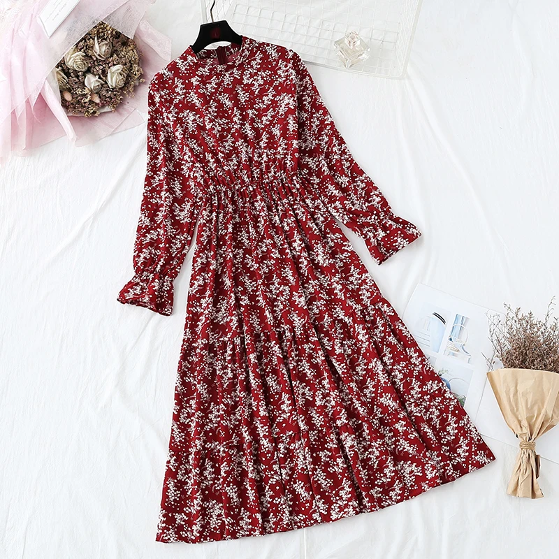 

Elegant Round neck Ruffles Women Dress Full Sleeve Elastic Waist Female Chiffon Dress 2020 New Spring Autumn Winter Vestidos