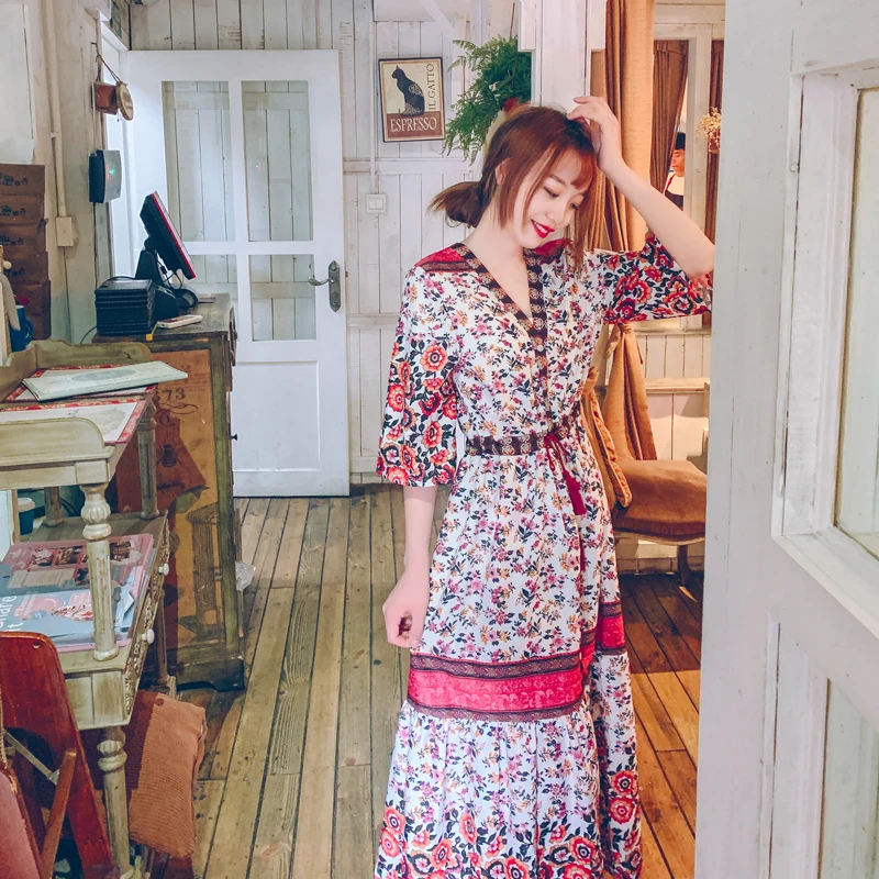 Bohemian Vintage Women dresslt Print V-Neck Collect Waist Button On Holiday Wind Dresses Red Blue 8206 | Женская одежда