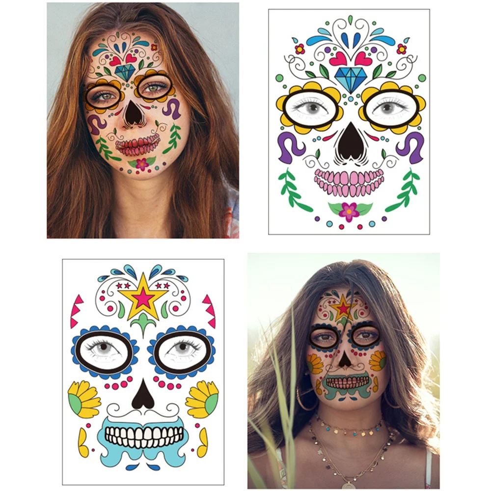 Halloween Party Decoration Halloween Mask Waterproof Temporary Tattoo Sticker Mexican Day of The Sugar Skull Mask Makeup Party,Q