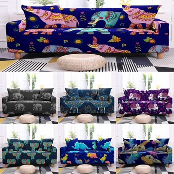 

1/2/3/4 Seaters Bohemia Wild Elephant Cartoon Dinosaur Pattern Elastic Couch Sofa Covers for Living Room Sofa Protective Cover