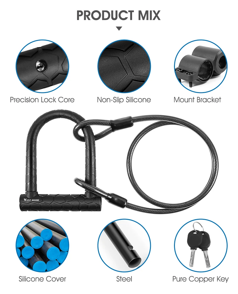 WEST RADFAHREN Fahrrad U Sperren Anti-theft Sicherheit Bike MTB Rennrad Motorrad Roller Rad Kabel Kette Lock Radfahren zubehör – Detail 27
