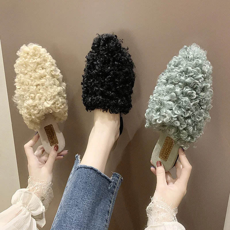 

Plush Slipper Women's 2019 New Style Pointed Flat Closed-toe Semi-Slipper Versatile Women's Outer Wear Curly Yarn Cotton Slipper