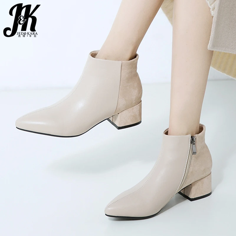 

JK High Heels Thick Boots Women Ankle Booties Ladies Pointed Toe Shoes Female Zip Stitching Shoes Fashion Shoes Winter 2020 New
