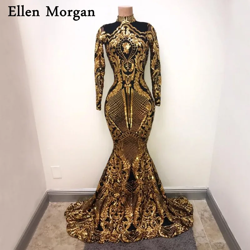 

African Black Girls Mermaid Prom Dresses for Women Wear 2019 Real Photos Elastic High Neck Long Sleeves Sequined Party Gowns