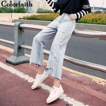 

Colorfaith New 2019 Women Jeans Ripped Torn Blue Wide Leg Boyfriends Vintage Ankle-Length High Waist Pants Denim Jeans J566