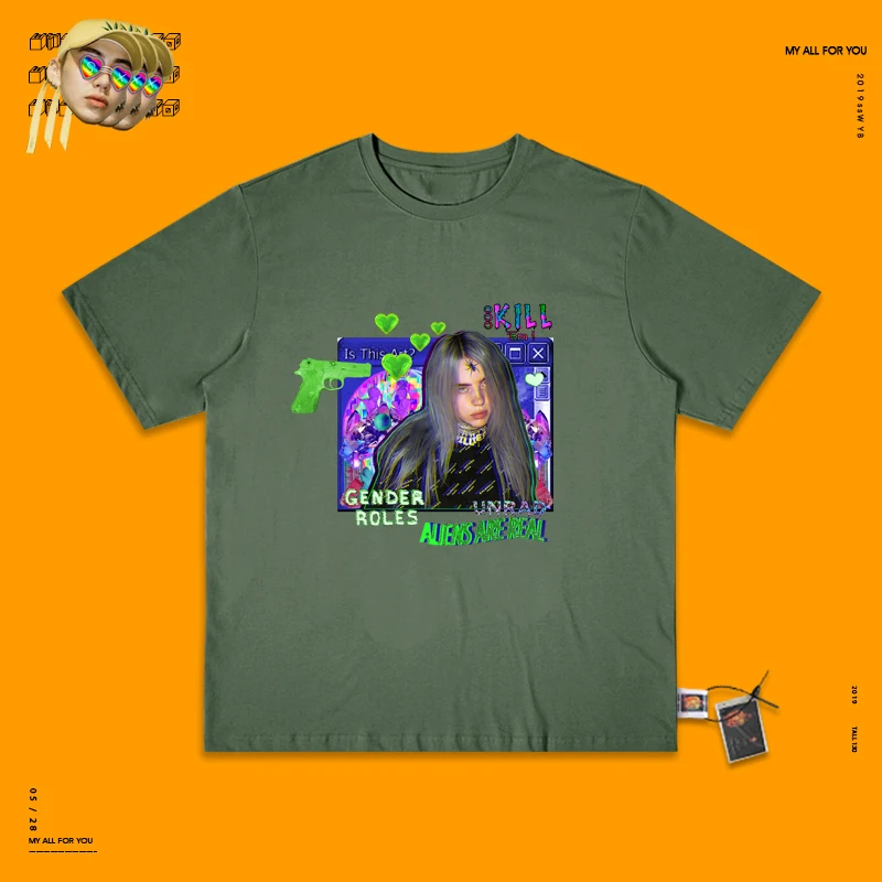 Army green Exceed Fire Billie Eilish портретный дизайн пирус груша пара волна стиль короткий Половина рукава футболка Cec - Цвет: Army green