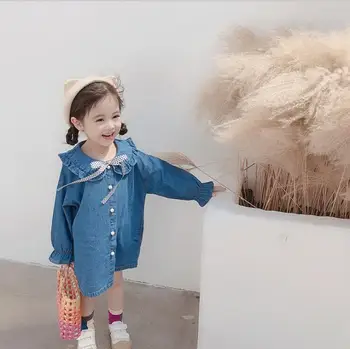 

2019 New Girls Denim Dress Autumn Ruffles Full Sleeve Girls Dresses 2-7t PZ441