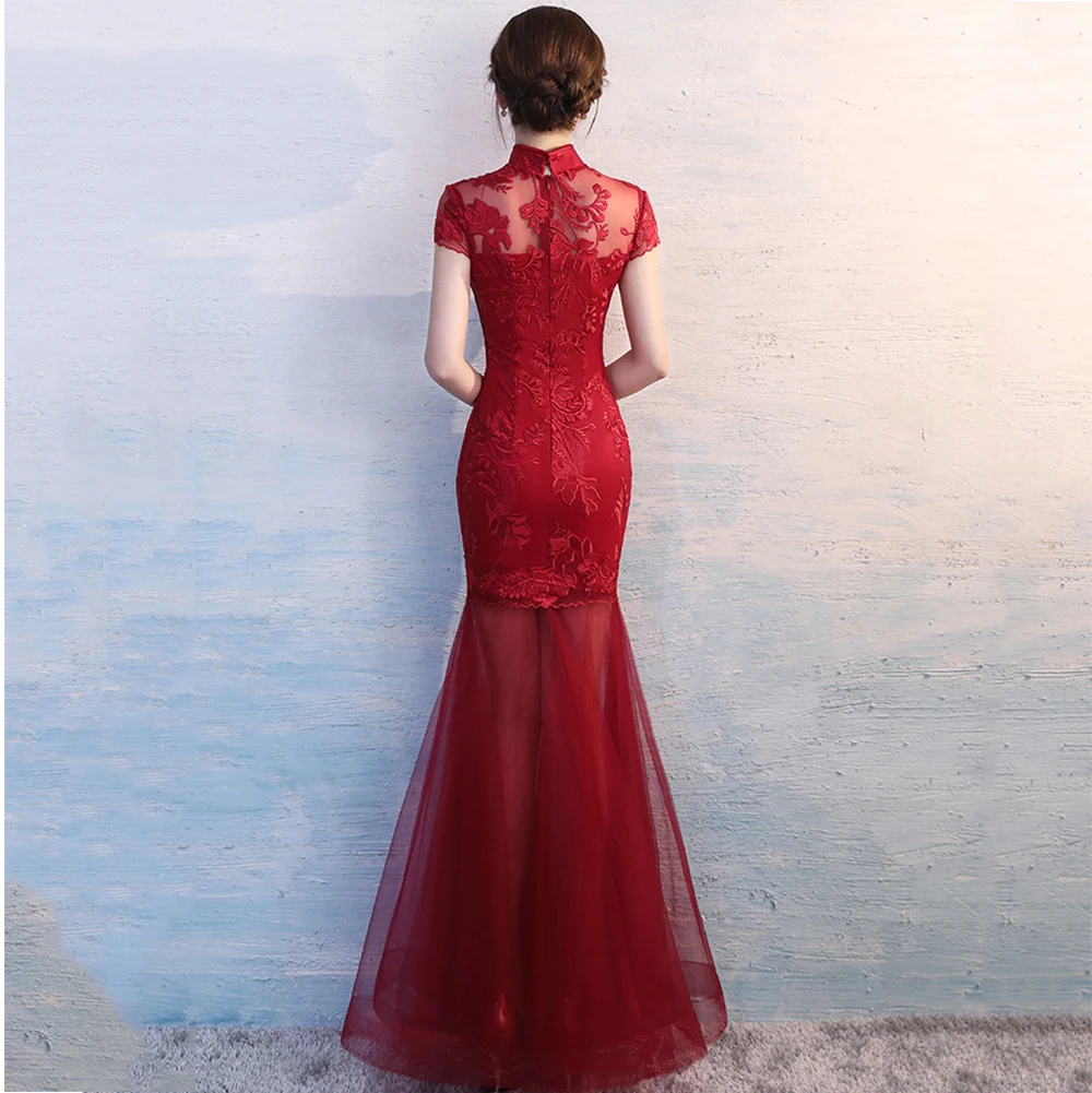 Труба для женщин Свадебное платье Роскошные элегантные кружева Cheongsam воротник мандарина Длинные сетки Qipao сексуальная сетка Vestidos De Festa