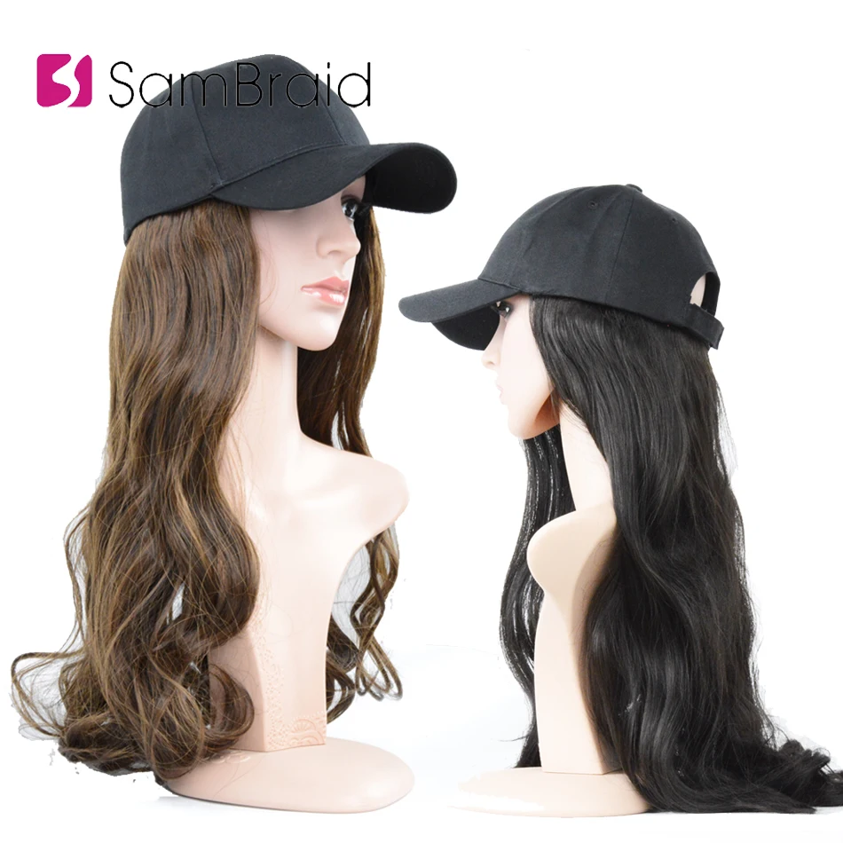 SAMBRAID 18 дюймов Волнистые волосы для наращивания с черной крышкой парик все-в-одном женская бейсболка шляпа парик синтетические волосы