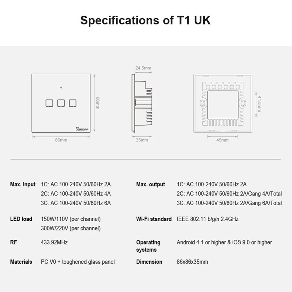 SONOFF T1UK1C-TX 1C WiFi Настенные переключатели с радиочастотным управлением, умный сенсорный панельный переключатель, стандарт Великобритании