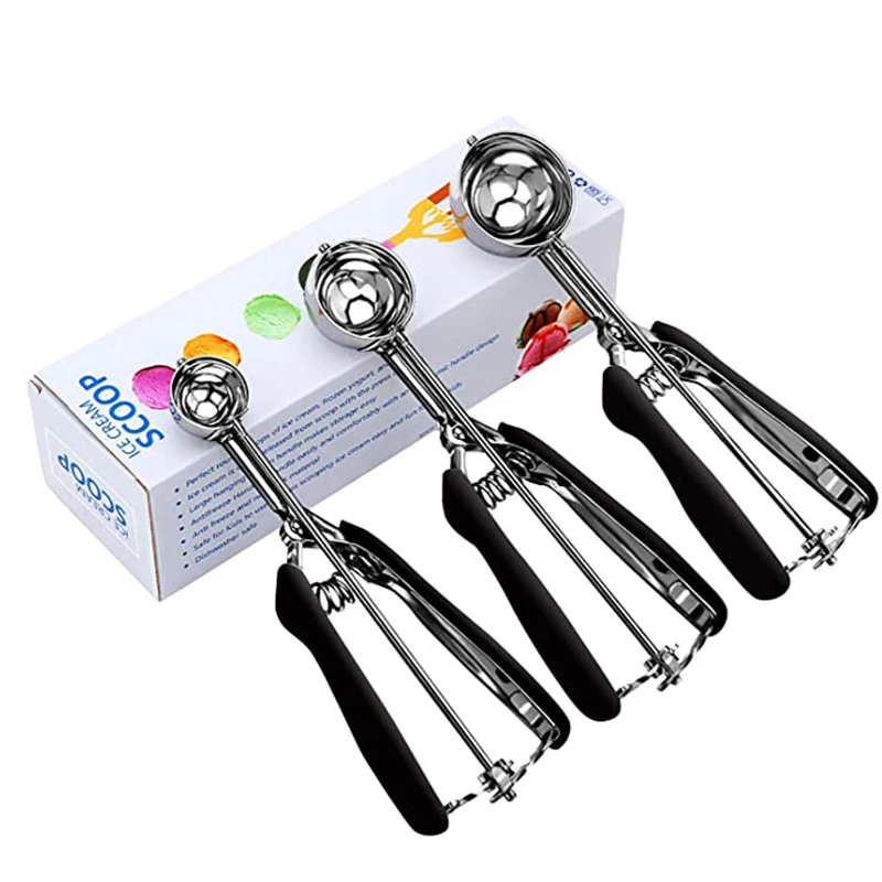 ZK30 Cookie Scoop Set Ice Cream Scoop 18/8 Stainless Steel Anti Slip Rubber Grip Cookie Dough Scooper Trigger Release