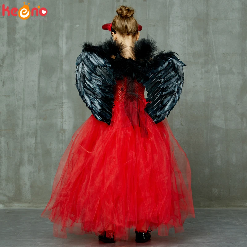 Evil Scarlet Red Girls Fancy Tutu Dress with Horns and Wings Kids