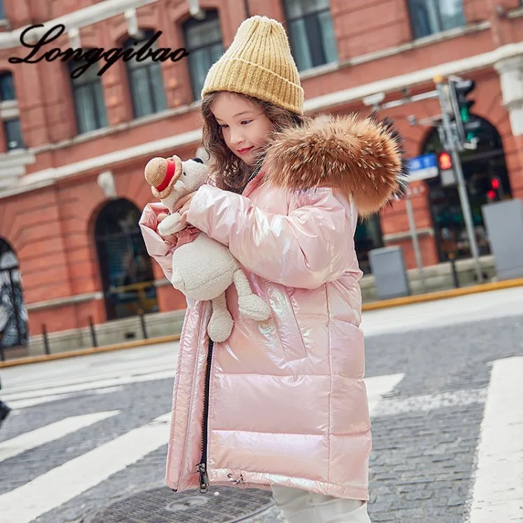 Детская одежда Детская куртка г. Длинная зимняя утепленная рубашка с большим меховым воротником в Корейском стиле для девочек