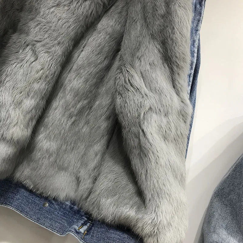 Сезон осень-зима, джинсовая куртка, Женская Повседневная настоящая подкладка из кроличьего меха, Лисий мех, джинсовая куртка с воротником, женское базовое пальто, свободная верхняя одежда