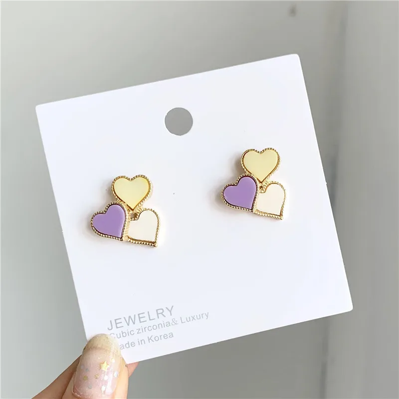 Clips Purple Yellow Сказочные цветные сердечки без серьга дырка корейские простые новые серьги 925 Серебряная игла - Окраска металла: Clips Purple Yellow