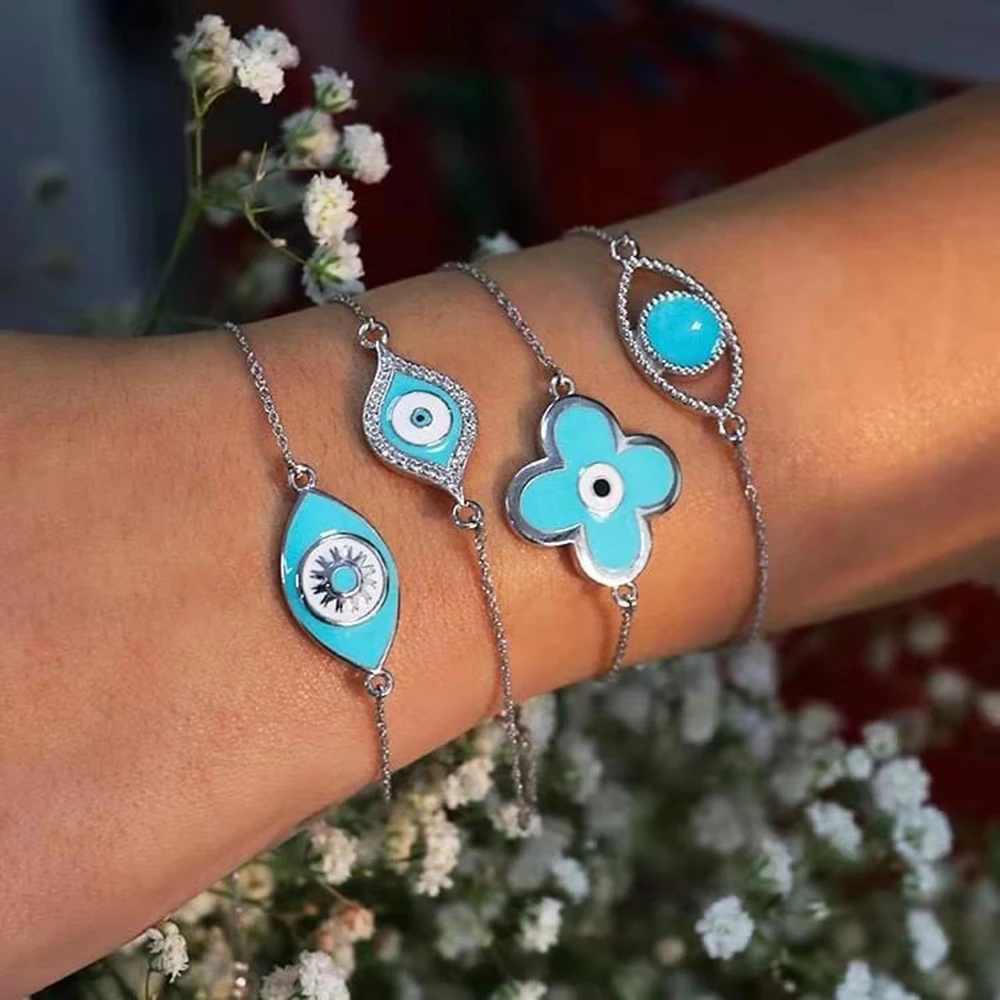 Popular Bohemian Blue Enameled Flower Eye Shaped Silver Chain Bangle Bracelets Ladies Evil Charm Boho Jewelry |