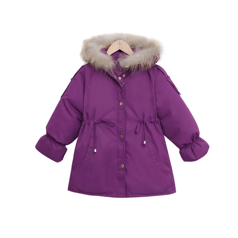 Коллекция года, модная Детская меховая парка для девочек зимняя куртка для девочек-подростков, теплая Плотная хлопковая стеганая корейская детская одежда с капюшоном - Цвет: Фиолетовый