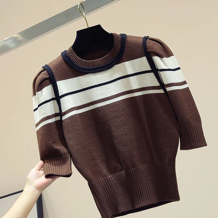 Новинка в Корейском стиле colorblock(цветовой блок), прошитая, с короткими рукавами шорты Модный вязаный свитер для женщин