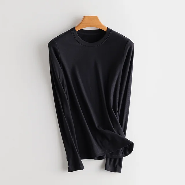 SuyaDream Women Bottoming T Shirt Real Silk Blend Long Sleeves Solid Basic Shirt 2021 Autumn Winter Turtleneck Top Black O neck