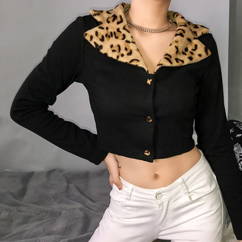 

Fall Winter Leopard Turndown Collar Sweatshirt Long Sleeve Cropped Hoodies Button Up Crop Top Polerones WHT6776W06