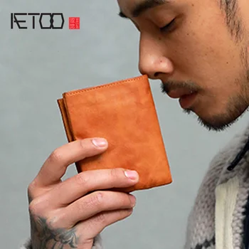 

AETOO Ultra-thin Japanese make old handmade wallet male short youth Japanese retro cowhide Wallet