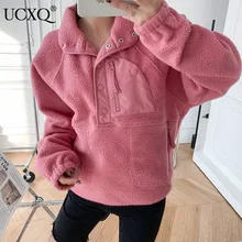 UCXQ woman short jacket pink solid Polar fleece long sleeve Turtleneck pockets loose casual style 2022 autumn fashion 23XF812