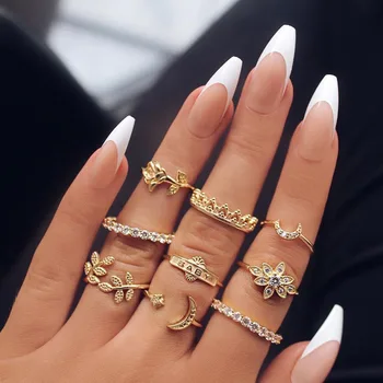 

Modyle Gold Ring Set Vintage Leaf Star Moon Geometric Crystal Ring Set Women Charm Joint Ring 2020 Fashion Jewelry