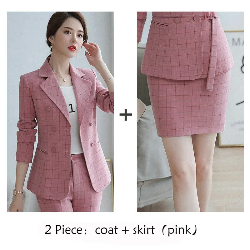 pink coat skirt Женские костюмы, элегантный розовый блейзер в клетку для офисных леди, Осень-зима, деловые модные повседневные рабочие костюмы из пальто и брюк, женская одежда - Цвет: pink coat skirt