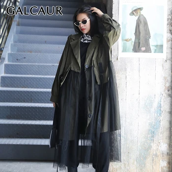 

GALCAUR Patchwork Jacket For Women V Neck Lantern Long Sleeve Mesh Hit Color Lace Up Oversized Jackets Female 2020 New Clothing