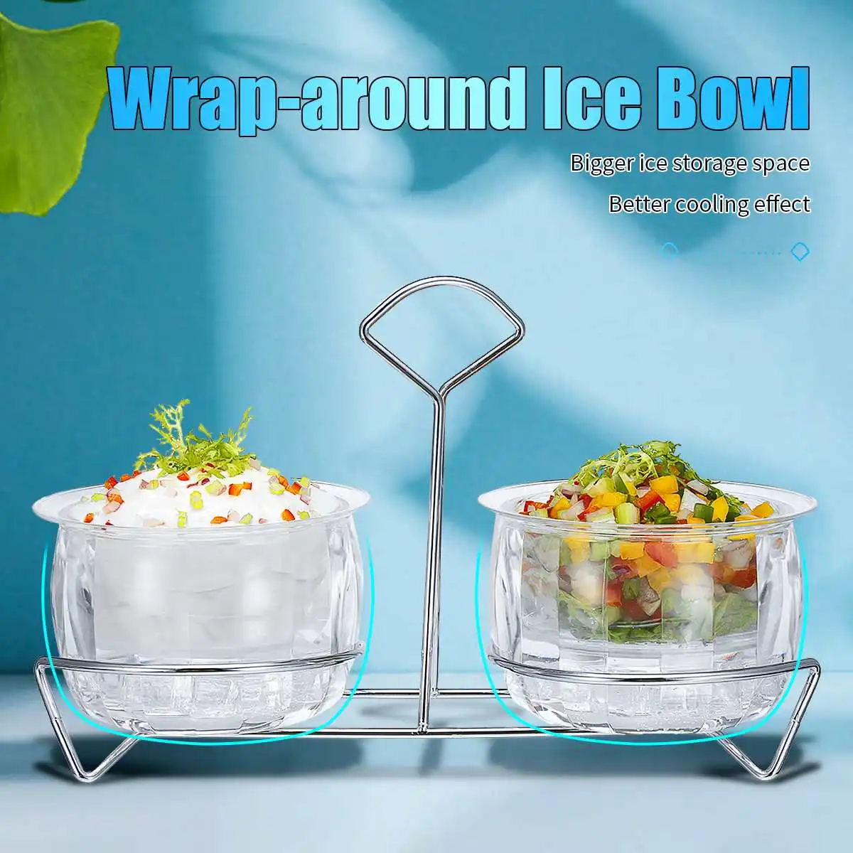 

Hot 2 Layers Stainless Steel Salad Bowl Dressing Dish Dip Bowl Stand with Ice Storage Condiment Sauce Serving Tableware Kitchen