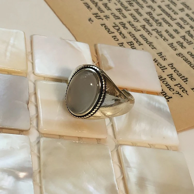 Foxanry silver color couples rings for women trendy vintage handmade white agate elegant wedding party jewelry gifts silver ring wedding rings