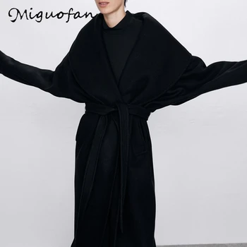 

Winter Jacket Women Wool Blend Casual Black Belt Rope Poncho Wrap manteau roupas feminina chaqueta mujer Black Loose Overcoats