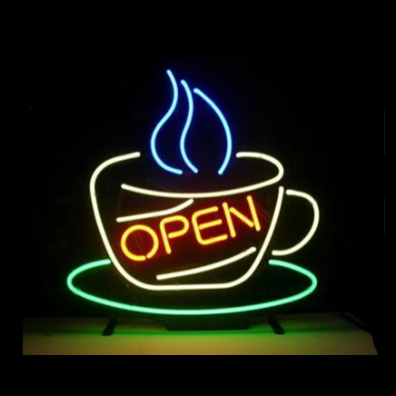 

Coffee Cafe Cup Store Open Neon Light Sign Handmade Custom Real Glass Tube Drink Bar Room Decor Advertise Display Lamp 16"X16"