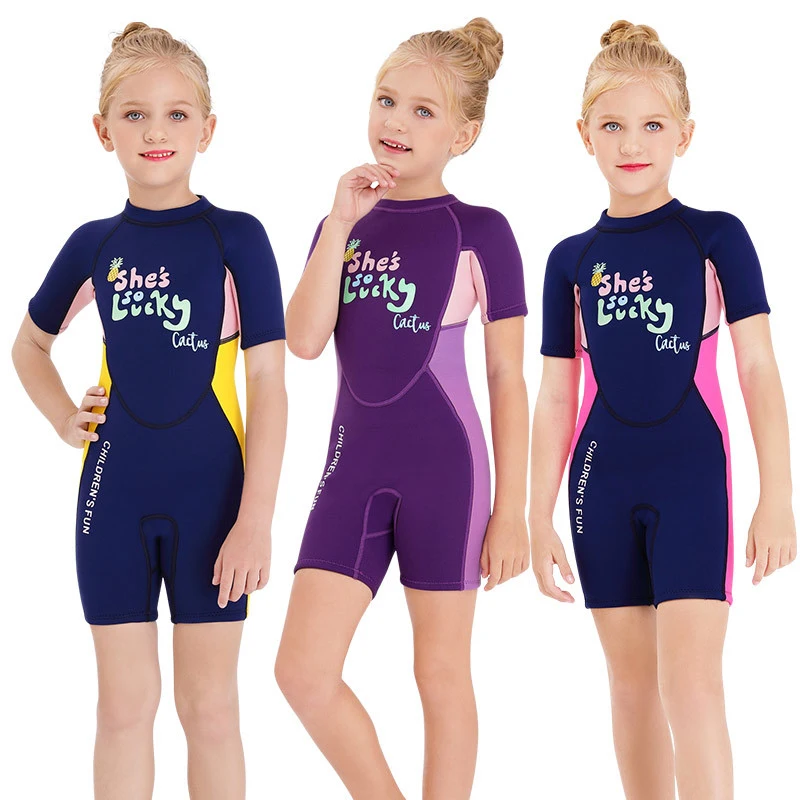 

2MM Neoprene Wetsuit for Girls Diving Suit Thick Short Sleeves wetsuit one-piece sets children Surfing swimwear