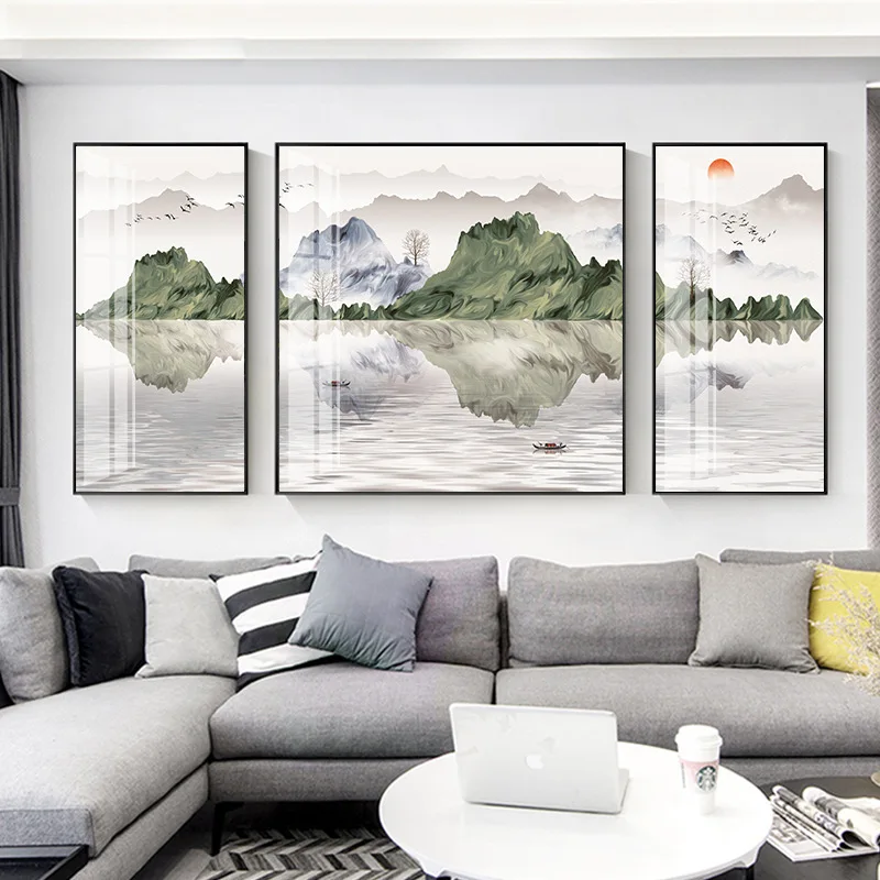 3pcs Chinese Abstract Wall Art Geometric Whale Mountain Landscape Canvas Painting Poster and Prints Wall Picture for Living Room