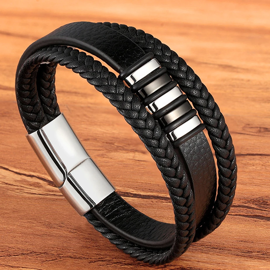 Bracelet Homme En Cuir Marron Et Noir - Fermoir Magnétique Acier Inoxydable