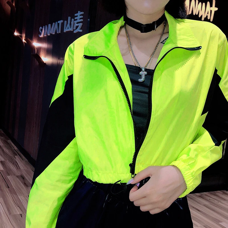 buy  ALLNeon Neon Green Streetwear Women's Jacket Patchwork Coats Long Sleeve Autumn Short Coat 2019 New