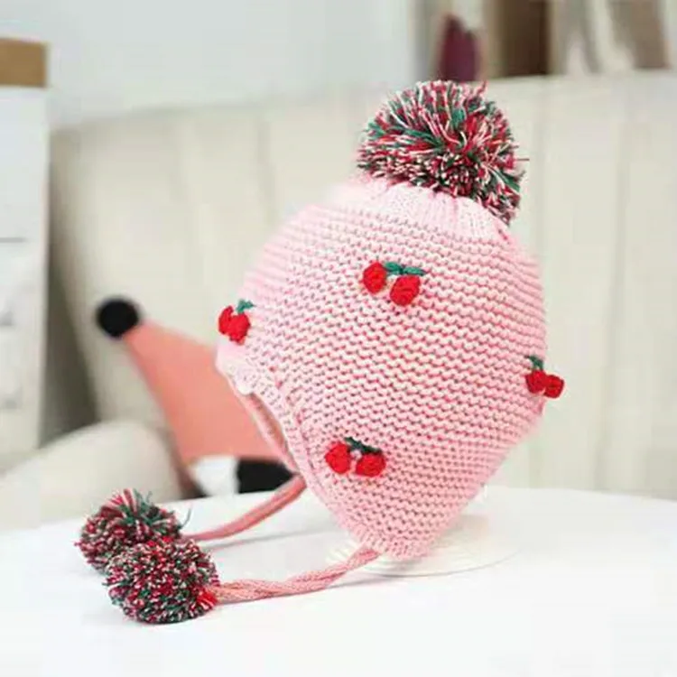 

Baby Hat Winter Children Wool Cap plus Velvet Girls Knitted Earmuffs Hat Fashion Furry Ball Infant Warm Hat Autumn