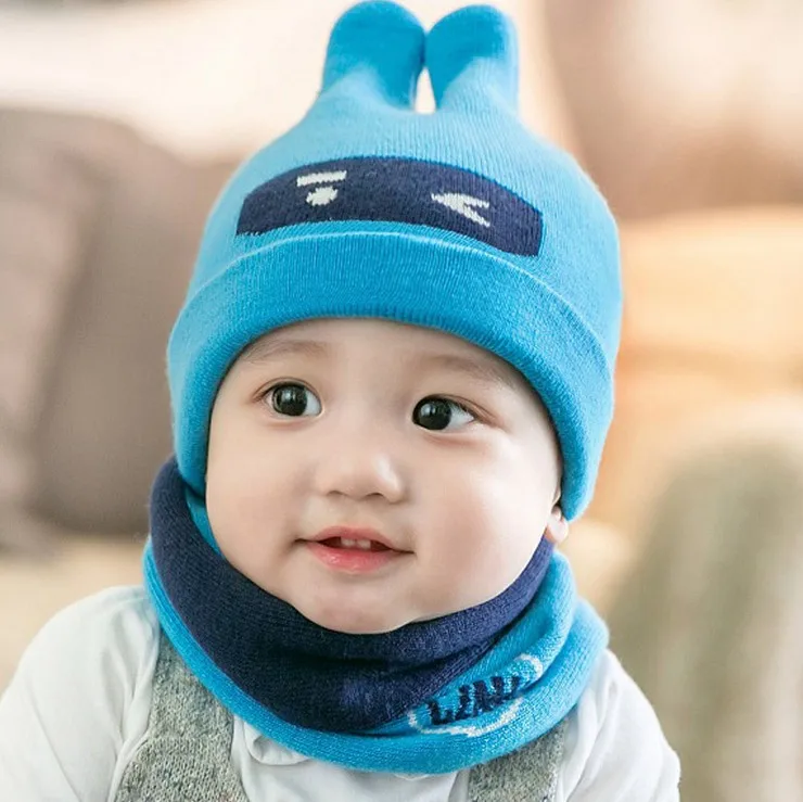 0-12 months Child baby WAutumn And Winter Knit hat infant Skull cap Warm ear protectors lovely Beanie Two-piece hat scarf Z135