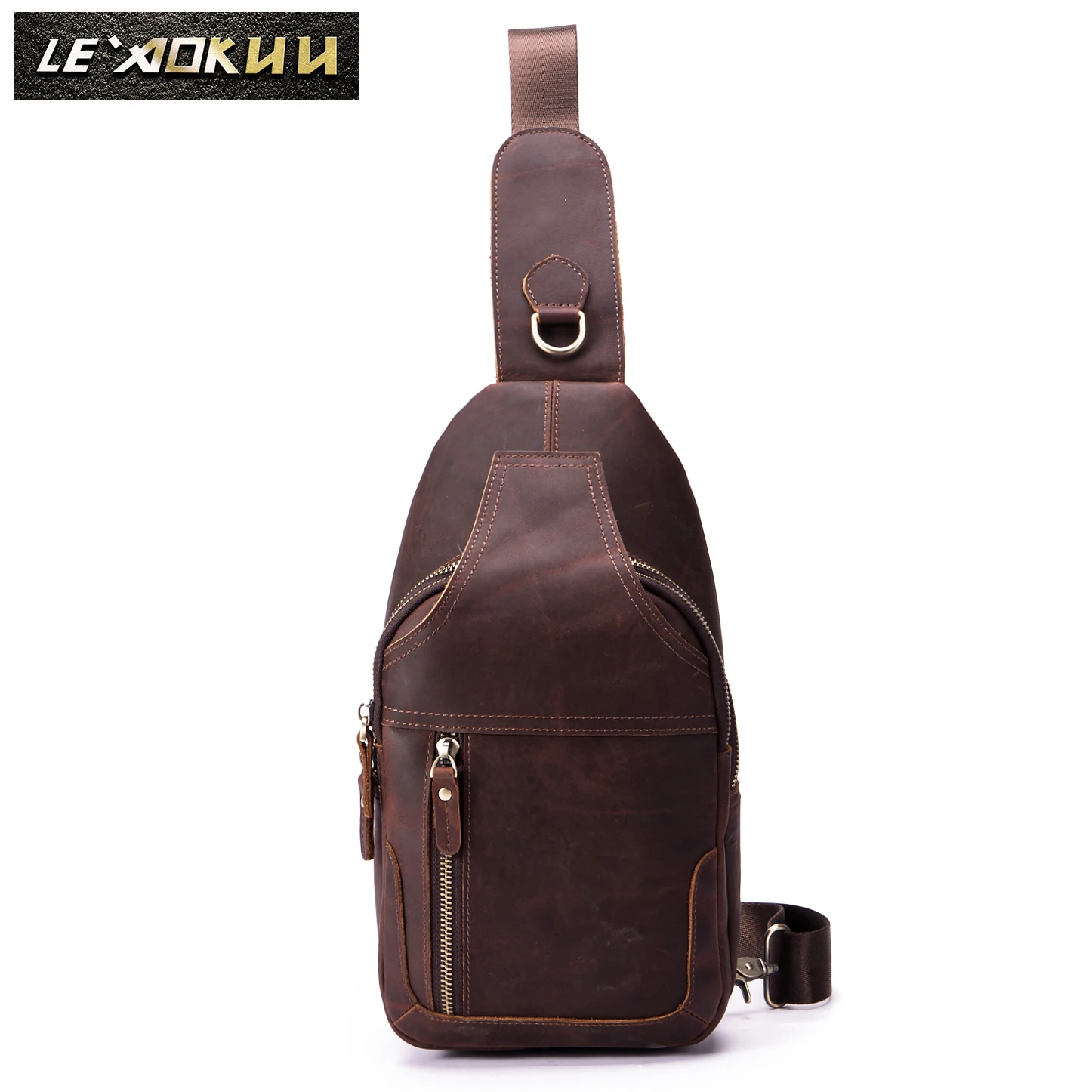 

Top Quality Men Genuine Real Leather vintage Fanny One Shoulder Chest Pack Design Sling Crossbody Bag Daypack 6601-d