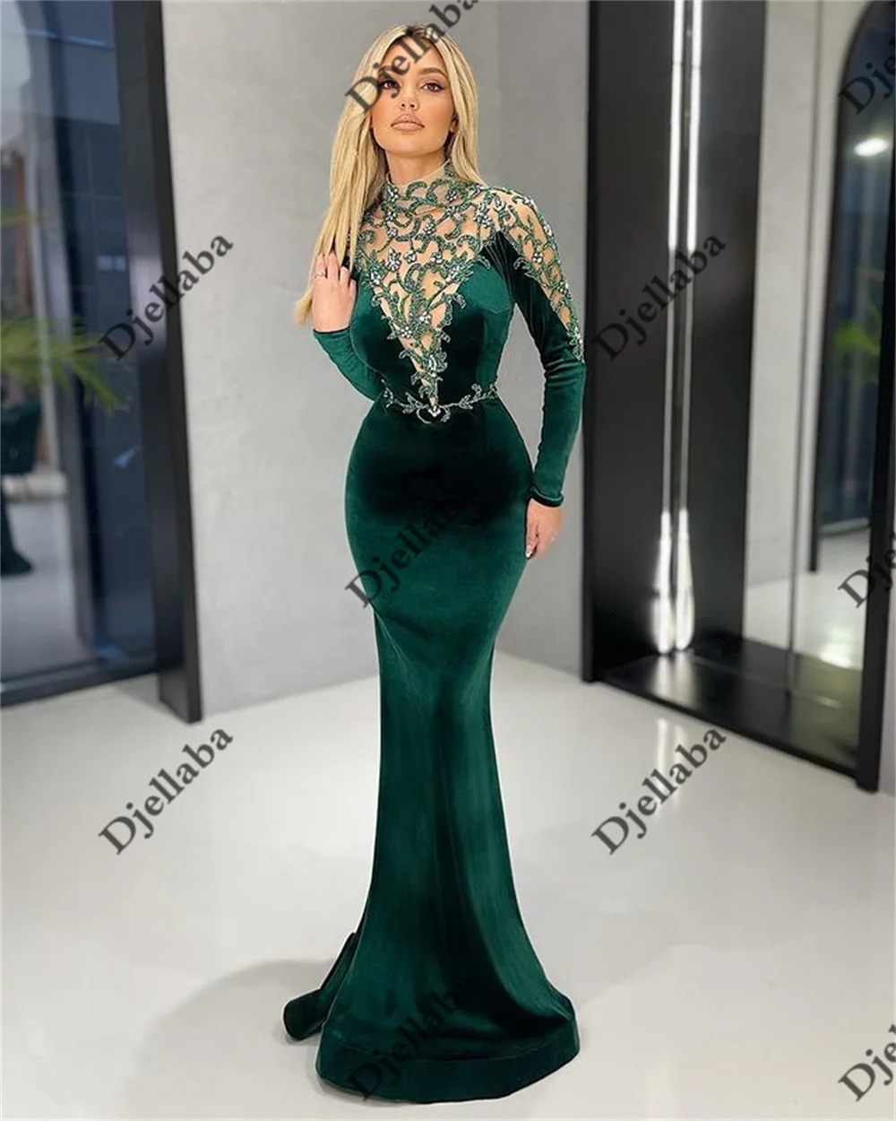 Luxury Green Velvet High Neck Long Sleeve Evening Dresses 2022 Mermaid Elegant Crystal Appliques For Women Party Gowns long evening gowns