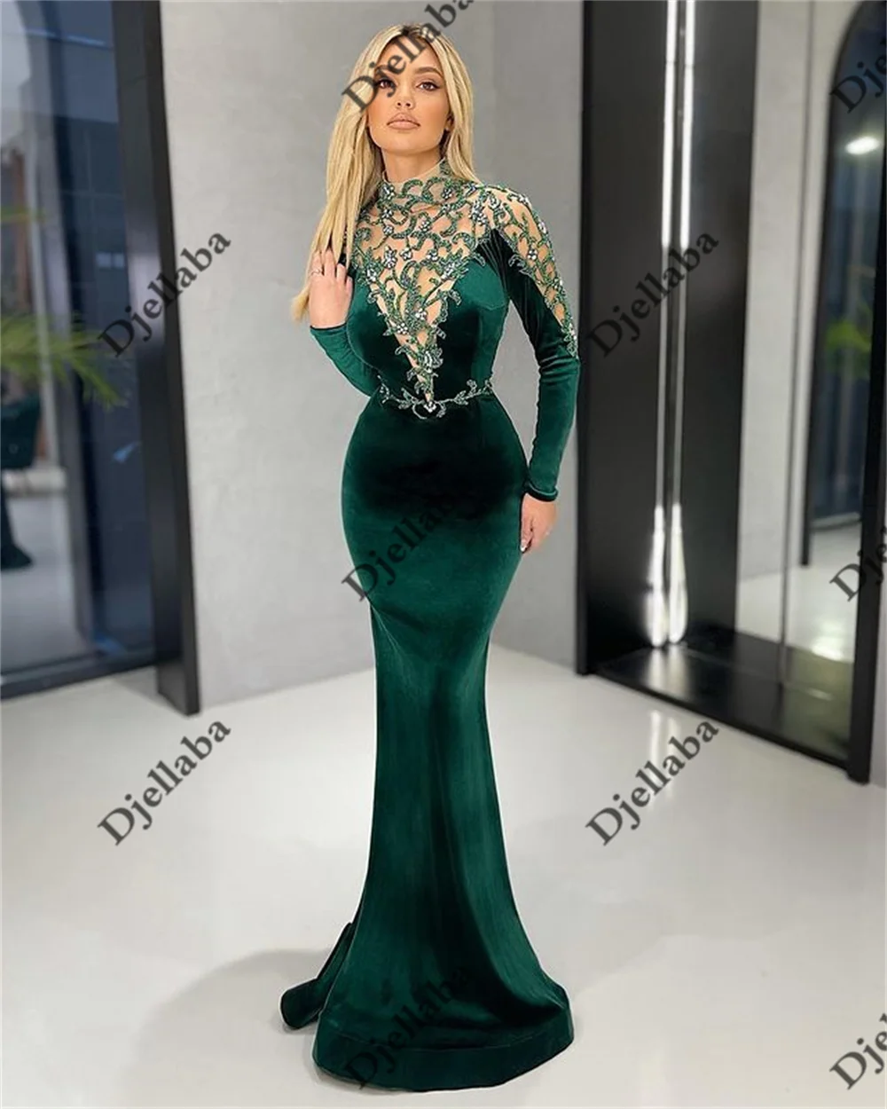 Luxury Green Velvet High Neck Long Sleeve Evening Dresses 2022 Mermaid Elegant Crystal Appliques For Women Party Gowns long evening gowns Evening Dresses