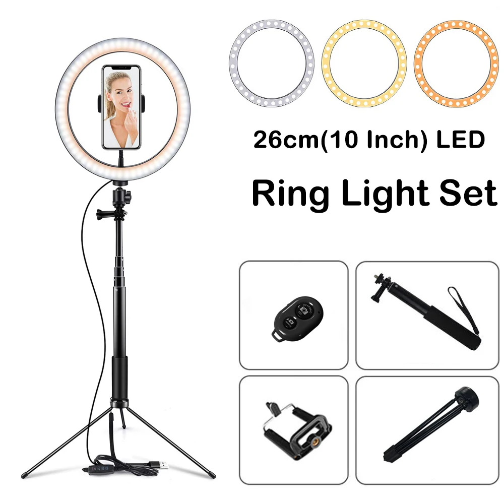 

10 Inchs Photography LED Light Tripod Ring Lamp Set Outube Video Live 3300-5500k Photo Studio 60 Inch Selfie Stick Ring Light