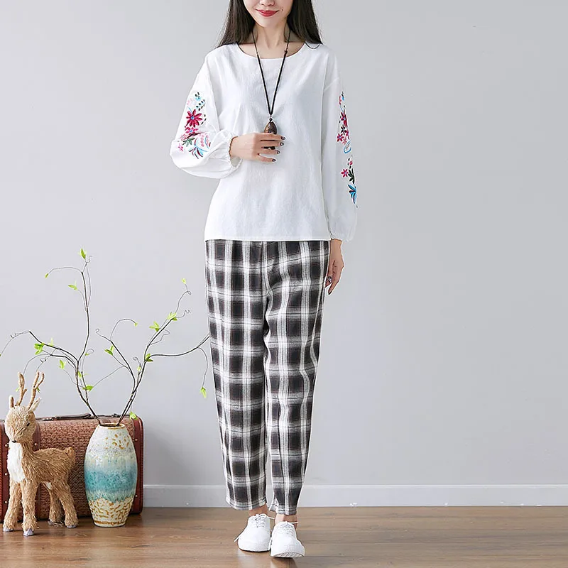

2019 Spring New Style Retro Cotton Linen Large Size Dress Embroidery Lantern Sleeve T-shirt Harem Trousers Fashion Leisure Suit