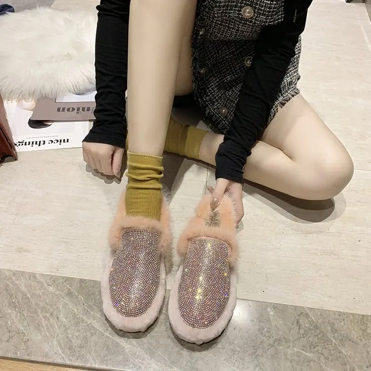 

Spring And Autumn A4 Korean-style Ultra-Plush Red Lazy Full of Crystals Mink Fire Shoes plus Velvet Loafers Rhinestone Shoes Chi