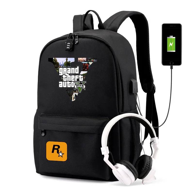 Купить Рюкзак GTA5 с USB-портом застежкой и наушниками  Багаж сумки | Мужские рюкзаки (4000094527911)