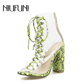 

Fashion Transparent Snake Print Peep Toe Women Boots Ankle Straps Boots 2020 Summer New Arrival Thick High Heels Plus Size 35-42