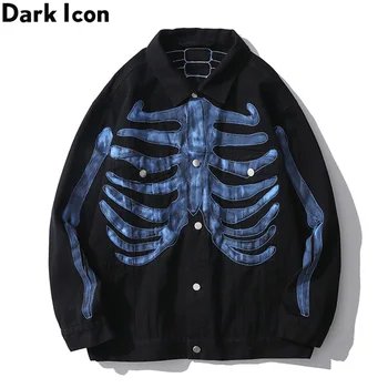 

DARK ICON Bones Denim Jacket Men Turn-down Collar Street Jeans Jackets Streetwear Clothing