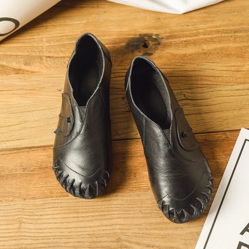 

Handmade WOMEN'S Genuine Leather Shoes 2019 Spring And Autumn Retro Middle-aged Shoes National Wind Mom Shoes Flat Top Shoes
