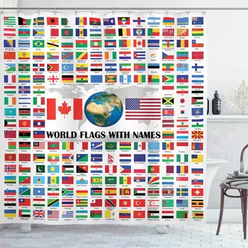 

Flags Shower Curtain, Big Composition of World Flags with Names of Different Countries Nationalities, Cloth Fabric Bathroom